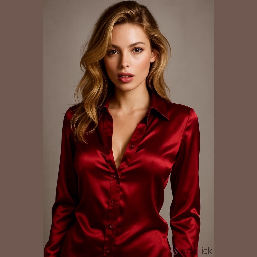 H&M Red Satin Long Sleeve Button Down Shirt Size Small